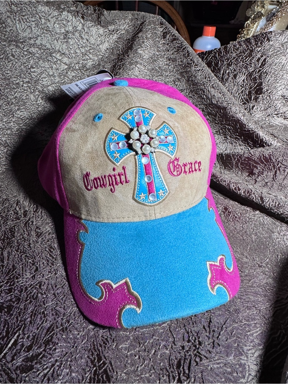 Cowgirl Grace Embellished Cross Cap in Pink, Tan & Blue